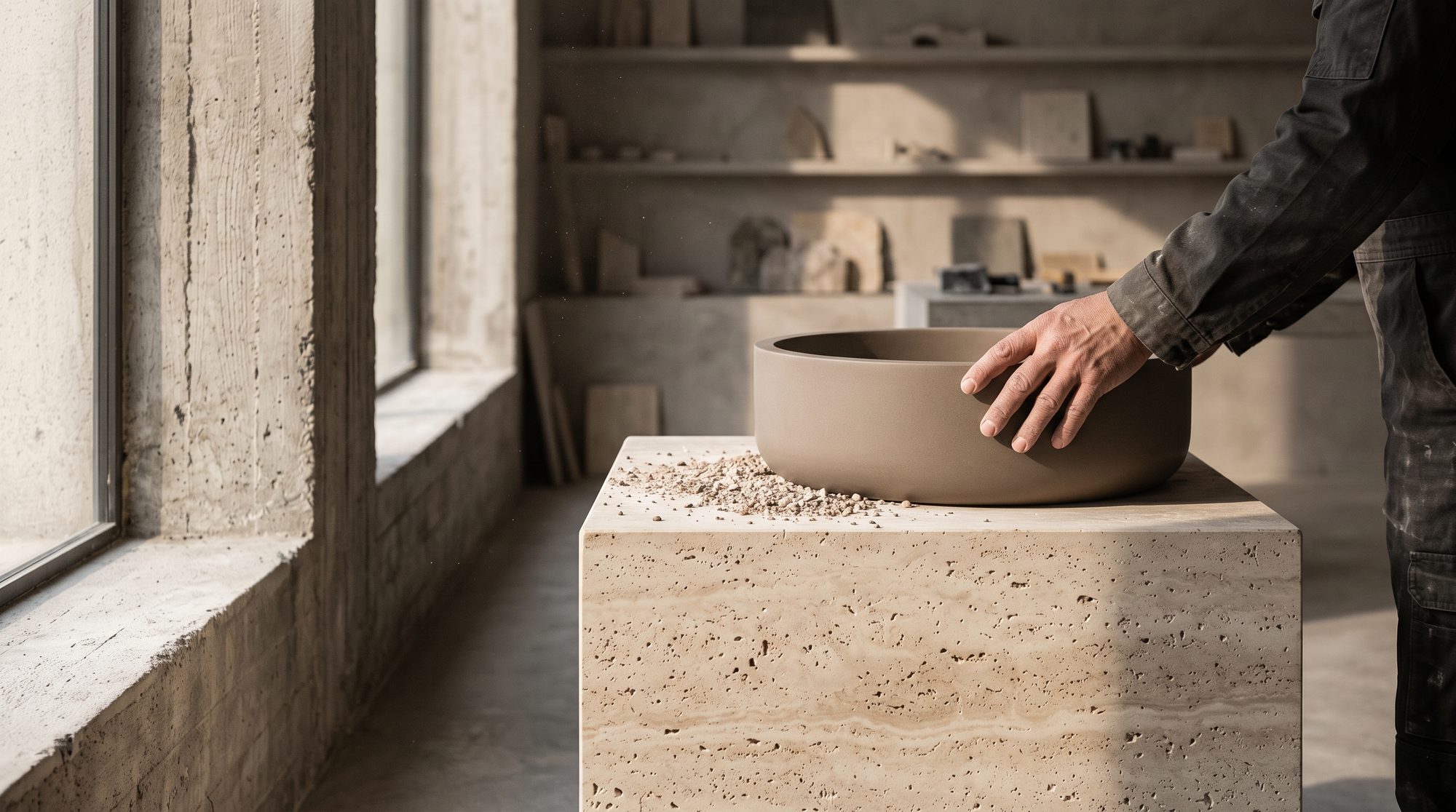 A hand resting on a cast basin on a travertine block, in a workshop lit by tall windows