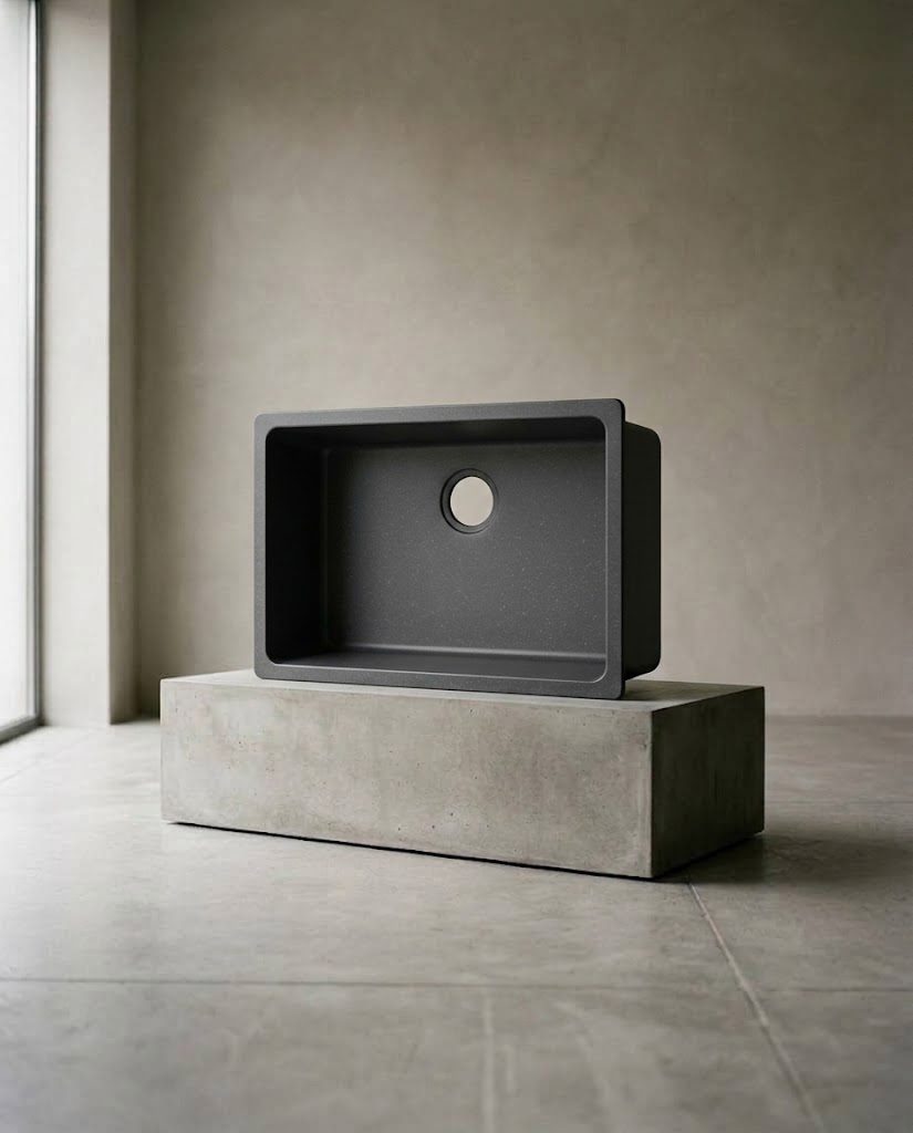 Charcoal KB kitchen sink on a concrete plinth
