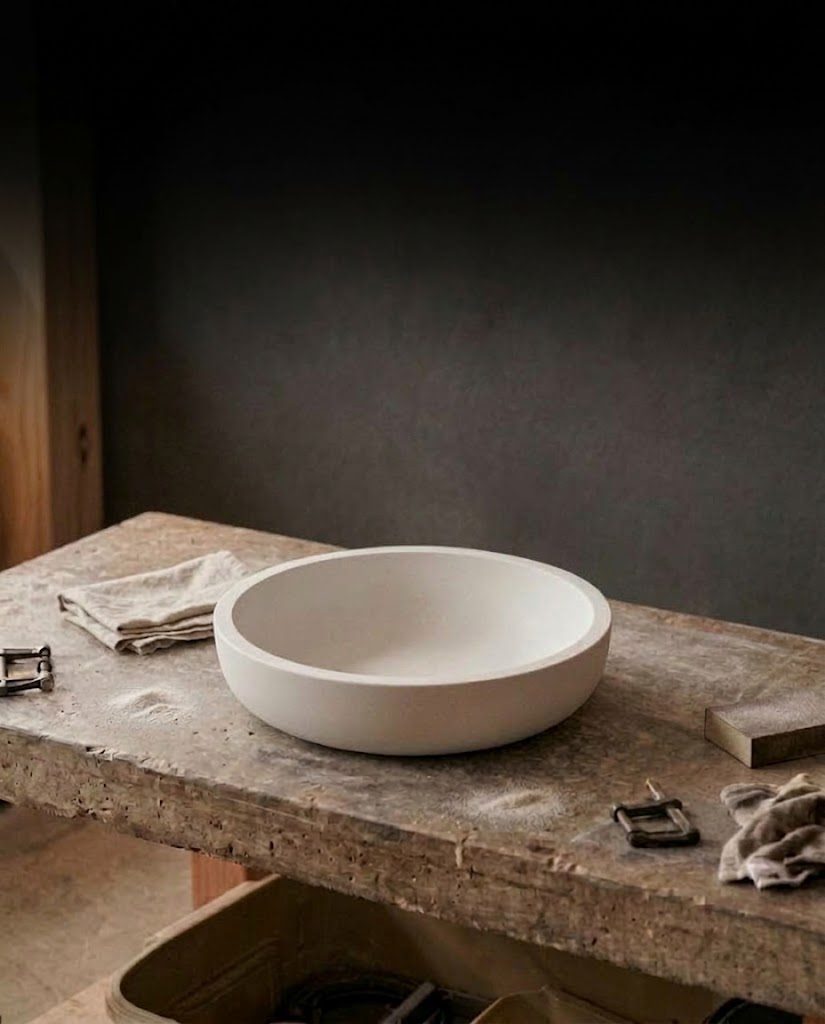 A finished white basin on the workshop bench