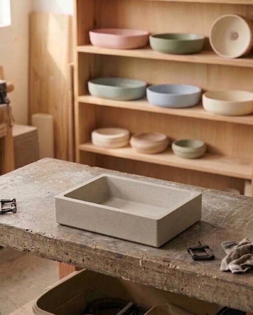 Finished basin resting on the workshop bench
