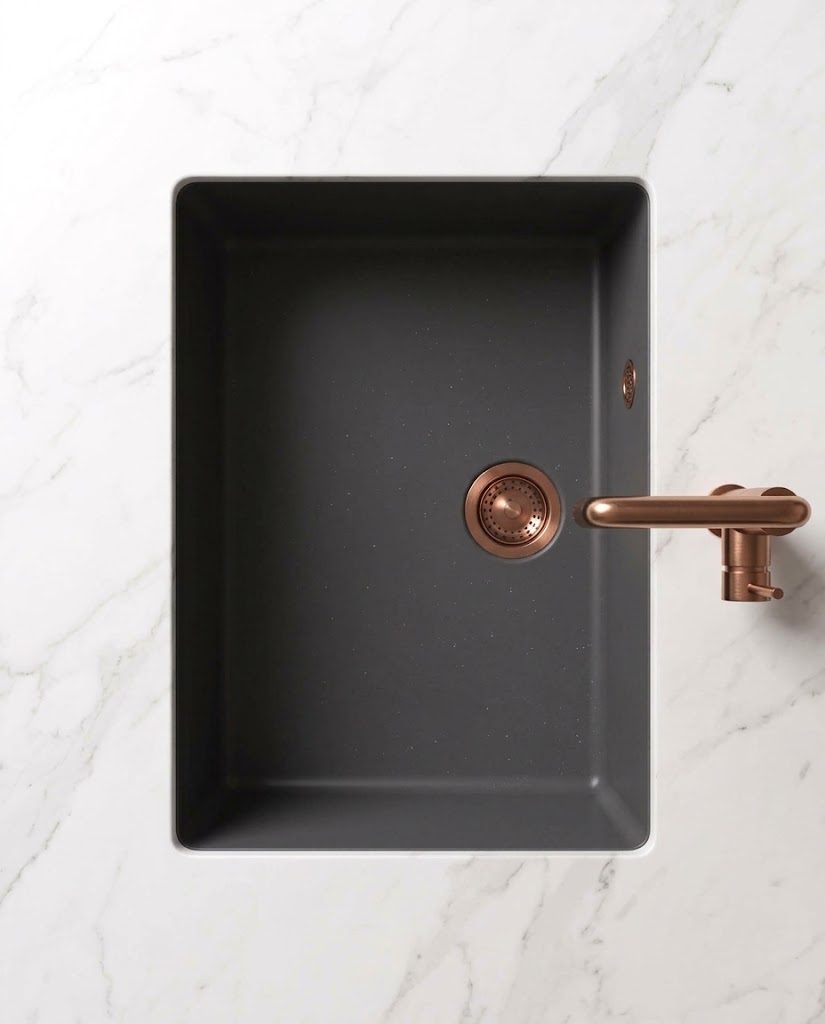 Charcoal KB undermount in white marble, from above