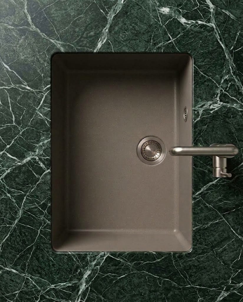 Taupe KB undermount in Verde Alpi marble, from above